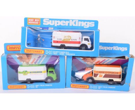 Three Boxed Matchbox Superkings Ford Security Trucks,K19 Fort Knox, K-88 De Speelboom money box and K88 Caisse D?Epargne, mod