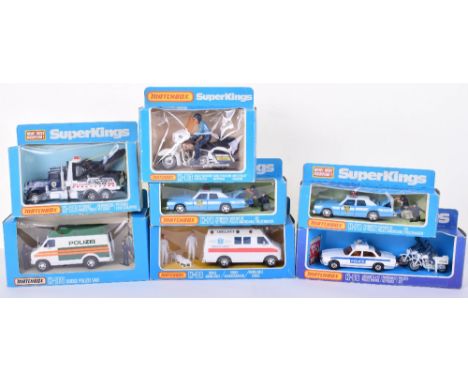 Seven Boxed Matchbox Superkings Emergency Vehicles, K20 Peterbilt Wreck Truck Highway Patrol,K-38 Dodge Ambulance, K66  Jagua