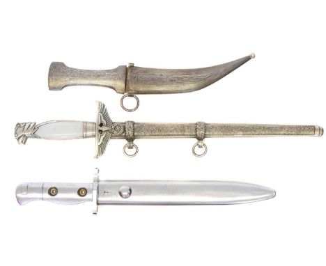 British Army SLR bayonet reproduction third Reich dagger and a Persian dagger.  British Army L1A3 SLR Self Loading Rifle cere