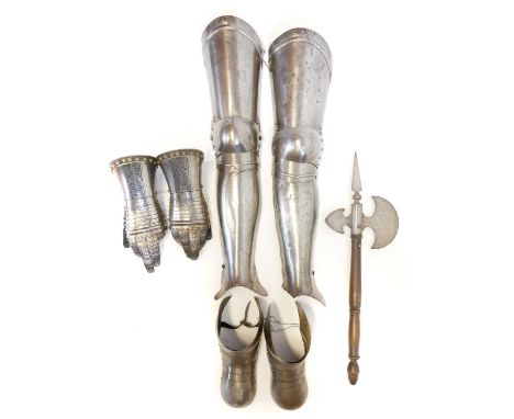 Suit of armour parts Suit of armour parts, to include a pair of leg armour, a pair of Sabaton, and a pair of gauntlets, toget