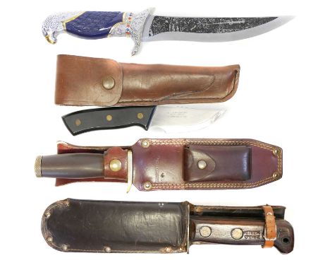 Winchester knife, survival machette and two others Winchester knife, with leather scabbard, Solingen made blade, the grip wit