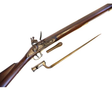 Flintlock musket and bayonet Flintlock musket, previously an East India Company with erased marks to the lock, 39inch .750 ba