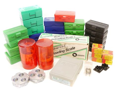 RCBS scales and a set of 45 ACP dies and related loading equipment RCBS model 5-0-5 scales in box also a set of RCBS 45 ACP d