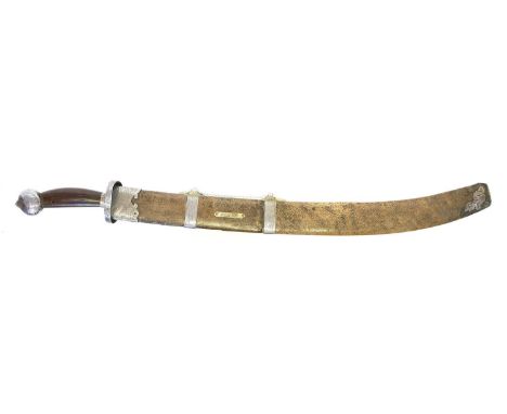 Chinese short sword Chinese short sword, curved blade with two light fullers, the guard pommel engraved with bamboo trees, fi