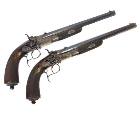 Pair of  mock duelling pistols are made by Leonard Ancion-Marx of Liege Pair of 11mm Devillers mock duelling pistols are made