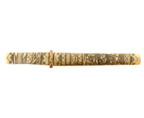 Japanese Gendaito dagger Japanese Gendaito Kaiken, 15.5cm cutting edge, fitted into bone Saya and Tsuka carved with Japanese 