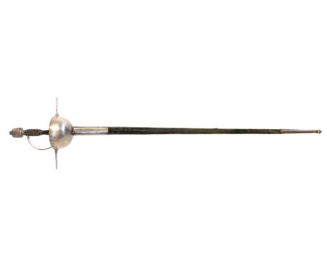 Cup hilt rapier and scabbard Cup hilt rapier and scabbard, double edged blade, studded wooden grip and chiselled pommel, in l