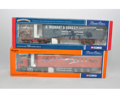 Corgi 1/50 diecast model truck issue comprising No. CC13109 in the livery of Wishart. Plus No. CC13503 Volvo Curtainside in t