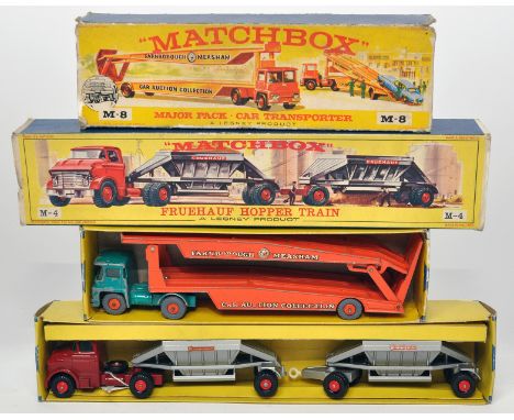 Matchbox Major back duo comprising M8 Car Transporter (fair only) plus M4 Fruehauf Hopper Train (Very good to excellent). Box