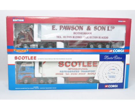 Corgi 1/50 diecast model truck issues comprising No. CC12420 Volvo Fridge Trailer in the livery of Scotlee. PLUS No. CC13506 