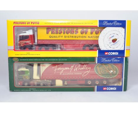 Corgi 1/50 diecast model truck issues comprising No. 76404 Scania Curtainside in the livery of Prestons PLUS No. CC12211 Scan