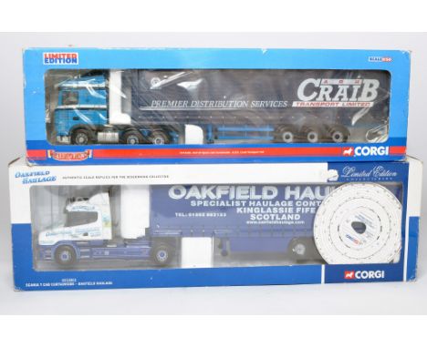 Corgi 1/50 diecast model truck issues comprising No. CC12811 Scania T Curtainside in the livery of Oakfield PLUS No. CC13228 