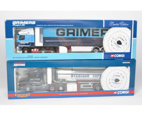 Corgi 1/50 diecast model truck issues comprising No. CC13212 DAF XF Curtainside in the livery of Grimers PLUS No. CC12814 Sca