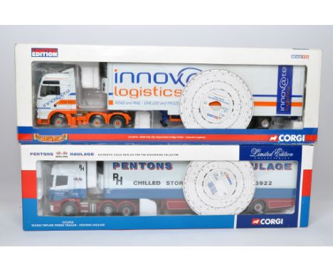 Corgi 1/50 diecast model truck issues comprising No. CC12918 Scania Topline Fridge Trailer in the livery of Pentons. PLUS No.