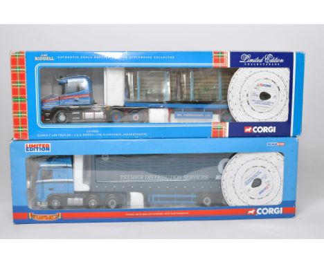 Corgi 1/50 diecast model truck issues comprising No. CC12806 Scania T Log Trailer in the livery of Riddell PLUS No. CC13228 D