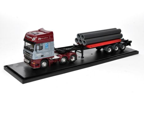 Corgi 1/50 diecast model truck issue comprising Alan Marshall Code 3 Adapted DAF Container Trailer with pipe load in the live