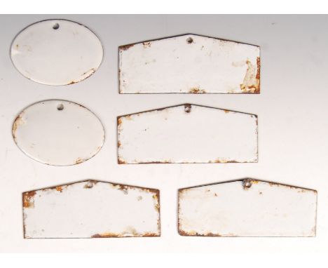 A collection of six late 19th / early 20th century shop advertising point of sale porcelain enamelled wipe-able display plaqu