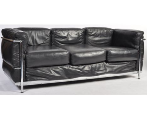 After Le Corbusier - LC2 - A good contemporary two seat club sofa settee having a chromed tubular constructed frame with squa