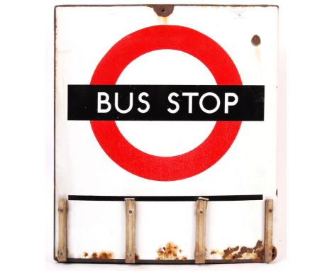 A rare vintage Burnham Of London made double sided ' Bus Stop ' enamel sign. White ground, with red and black logo with white