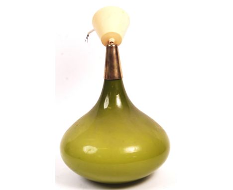 A 20th century retro vintage green glass ceiling lamp / pendant light fixture having bulbous teardrop glass shade with an gil