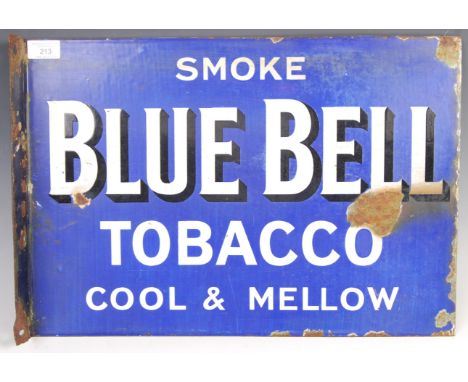 Blue Bell Tobacco - An early 20th century double sided porcelain enamel point of sale shop advertising sign with wall flange 