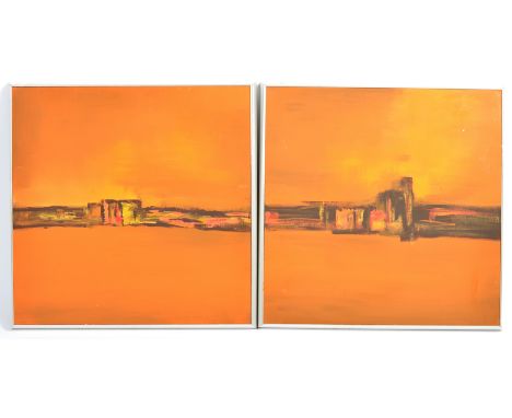 A pair of 20th Century retro vintage oil on canvas paintings each depicting an abstract scene joining to form a larger landsc