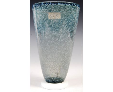Hysteria - A late 20th century French retro vintage studio art glass vase having a tapering mottled white an blue transparent