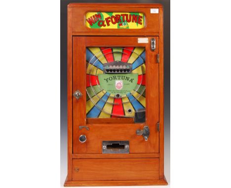 Allwin - Fortuna - A 1950's penny arcade machine ' Spin Ball ' having a stained wooden case with glass front. Original mechan