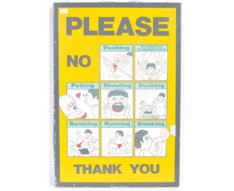 A 20th century retro vintage swimming pool leisure center health and safety warning sign reading 'Please No Pushing, Acrobati