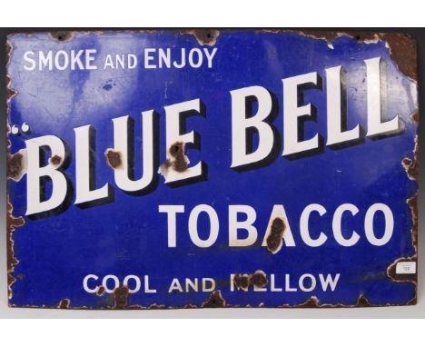 Blue Bell Tobacco - An early 20th Century vintage point of sale display porcelain enamel sign reading ' Smoke and Enjoy, Cool