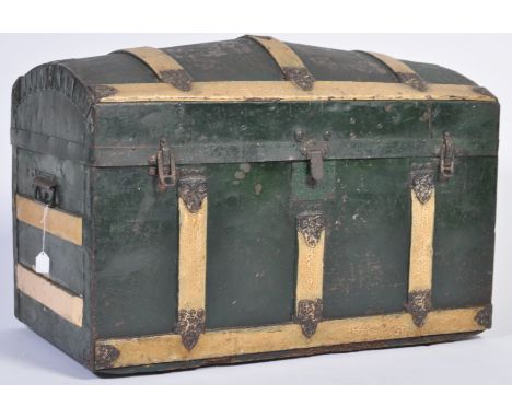 A 19th Century Victorian antique vintage dome top sea / carriage trunk chest having a domed lid with later painted with gilde