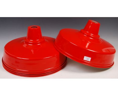 A set of four contemporary UFO enamel style ceiling lamp / light shades having a two tone red and white colourway. Measures; 
