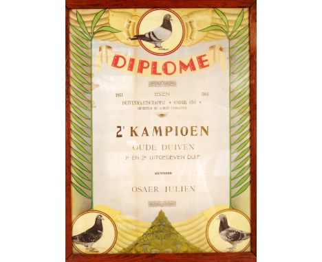 A 1950's retro vintage German Pigeon Racing diploma having notation for the Pigeon Company Albert Vangaever Champion Old Pige