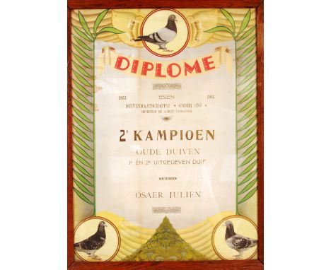 A 1950's retro vintage German Pigeon Racing diploma having notation for the Pigeon Company Albert Vangaever Champion Old Pige