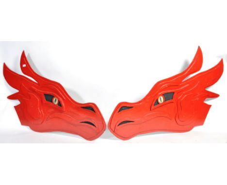 A pair of unusual 20th century retro vintage scratch built large fairground / circus ride dragon panels. The two panels mirro