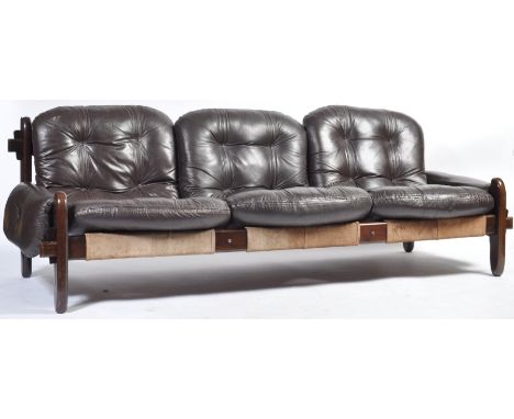 Jean Gillon - Probel - A 1960's Brazilian retro vintage jacaranda wood frame three seater sofa settee having pegged joints wi