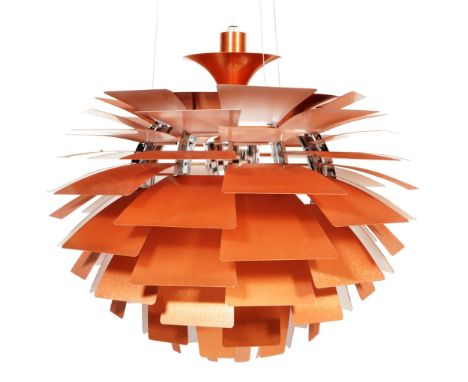 After Poul Henningsen - Artichoke Lamp - A contemporary large copper ceiling light / lamp fixture. The lamp having multiple s
