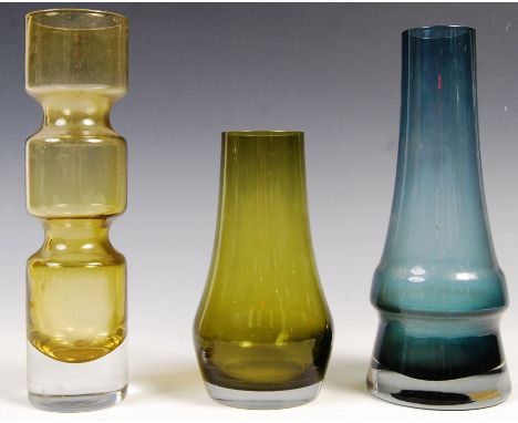 A group of three 20th Century retro vintage Scandinavian studio art glass to include a tall citrine glass triple hooped vase,