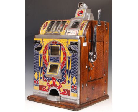 Jennings - Peacock - An early 20th Century rare original 1930's vintage one arm bandit fruit slot machine having oak case wit