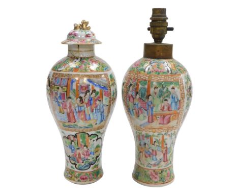 A Qing dynasty Cantonese 19thC famille rose porcelain vase, converted to a table lamp, of baluster form, decorated with reser