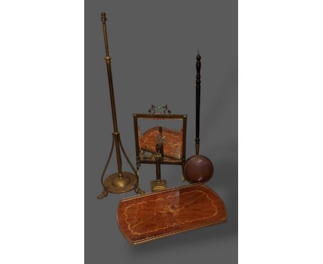 A marquetery inlaid galleried tray, together with a brass standard lamp, a fire screen, a warming pan and a brass table lamp 