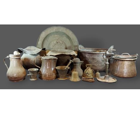 A 19th century pewter oil lamp clock, together with a collection of metalware to include copper jardinières, pestle and morta