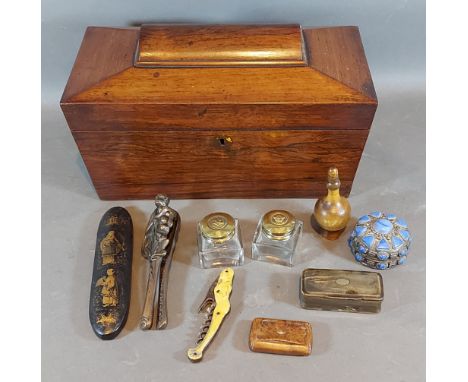 A 19th Century mahogany tea caddy together with a pair of ink bottles and other items 