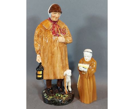 A Royal Worcester candle snuffer Monk, tog together with a Royal Doulton figure, The Shepherd, HN 1975 