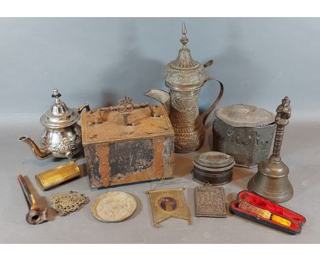 A small strongbox with lock and key together with other items to include two jugs and a lead tea caddy 