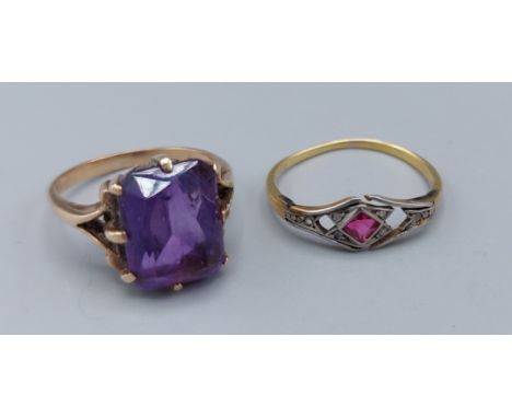 A yellow metal dress ring set rectangular amethyst, together with a ruby set ring (broken) 