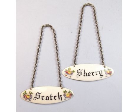 A pair of silver and enamel decanter labels for scotch and sherry - Birmingham 1964 and 1966