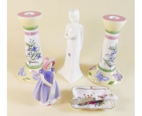 A group of china including a pair of Worcester candlesticks, a Royal Doulton figurine 'Ivy', a Royal Worcester figure 'Moment