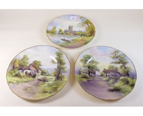 Three Royal Worcester plates painted Gloucester Cathedral, Offenham and Wick - 26cm