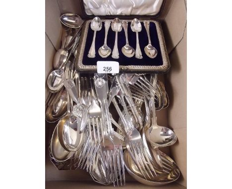 A box of silver plated cutlery including Mappin and Webb Queens pattern dessert set and ladle, and Onslow pattern cutlery set